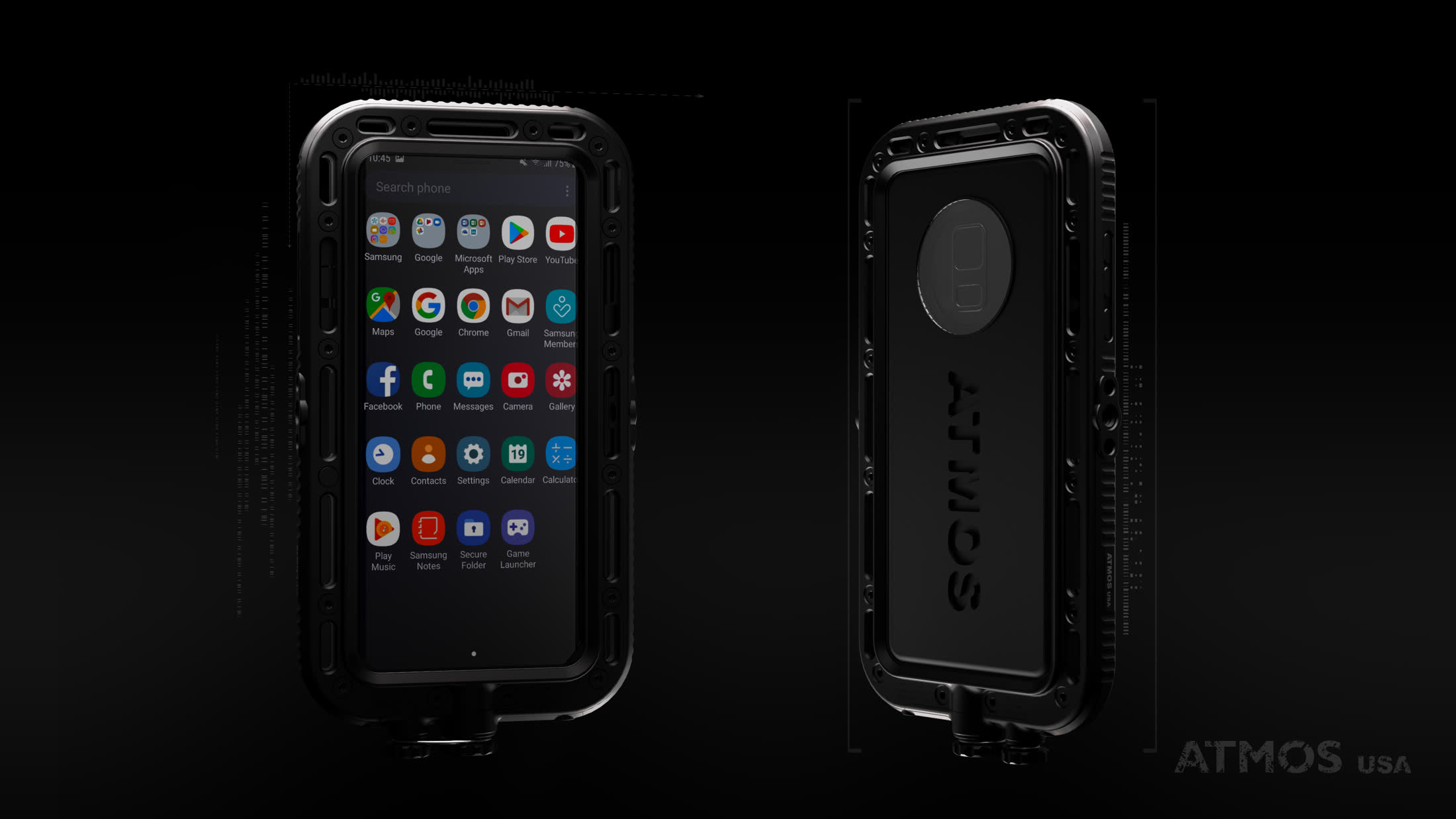 Front and back views of the Atmos rugged waterproof phone case on black